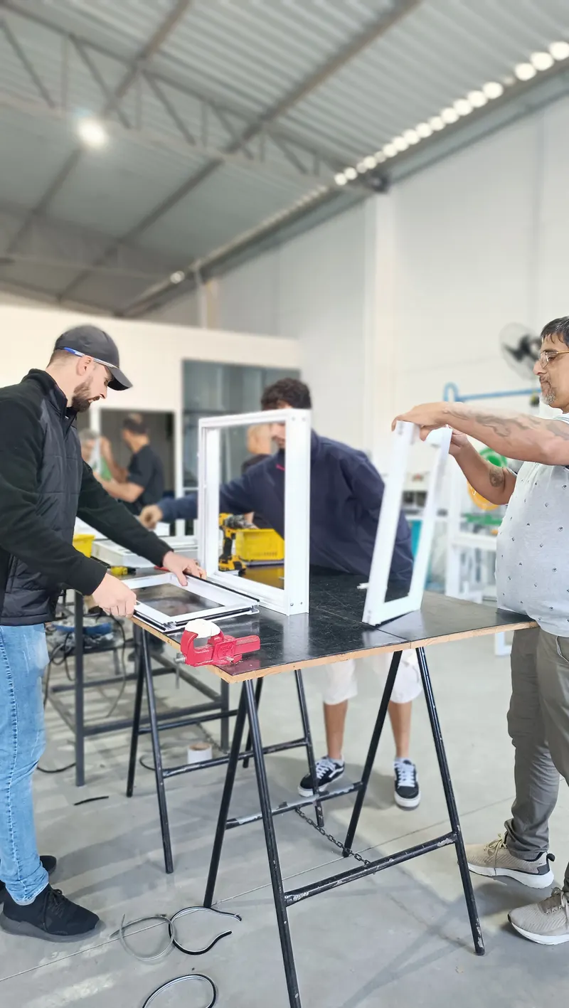 Grupo acompanhando a montagem de uma janela de PVC