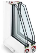 Corte de esquadria de PVC branca com vidro duplo e ferragens